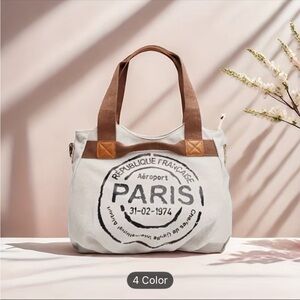 Paris Stamp Canvas Tote with Brown Handles